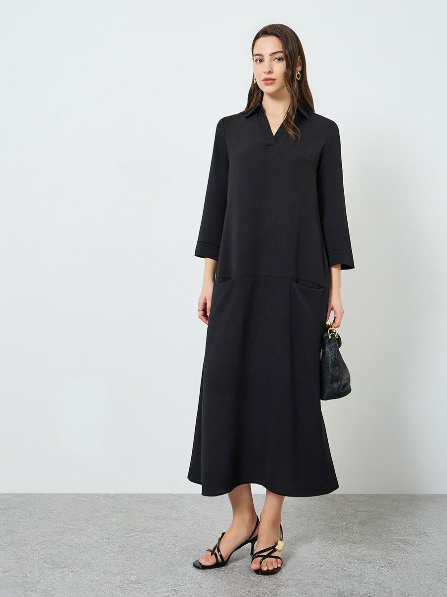 Women Black A-Line Maxi Dress with 3/4 Sleeves