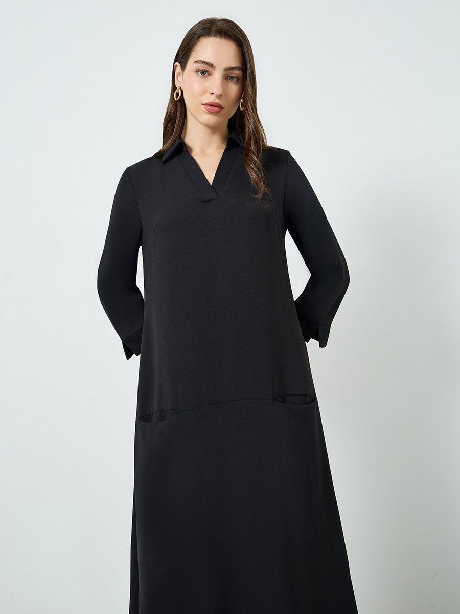 Women Black A-Line Maxi Dress with 3/4 Sleeves