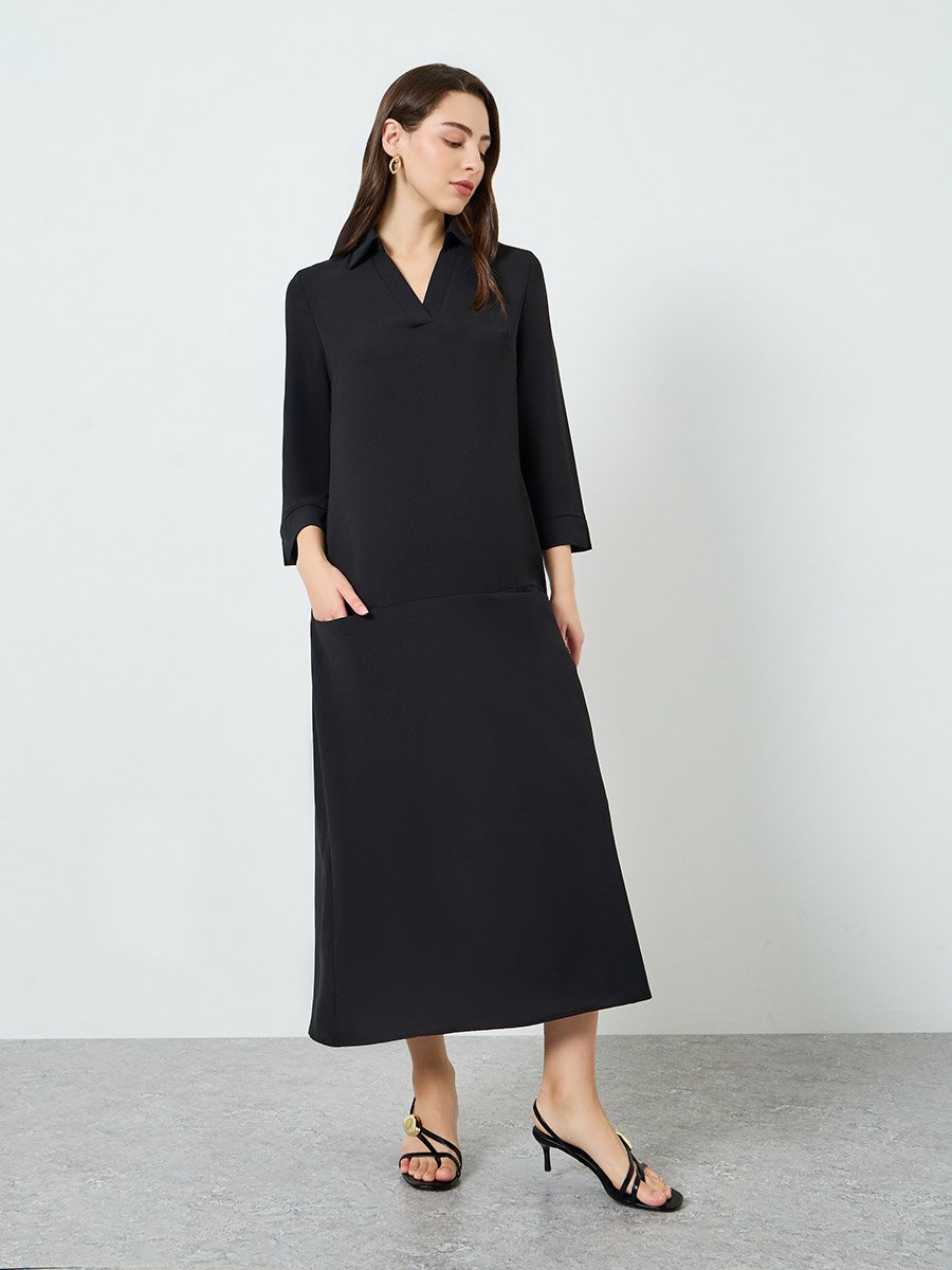 Women Black A-Line Maxi Dress with 3/4 Sleeves