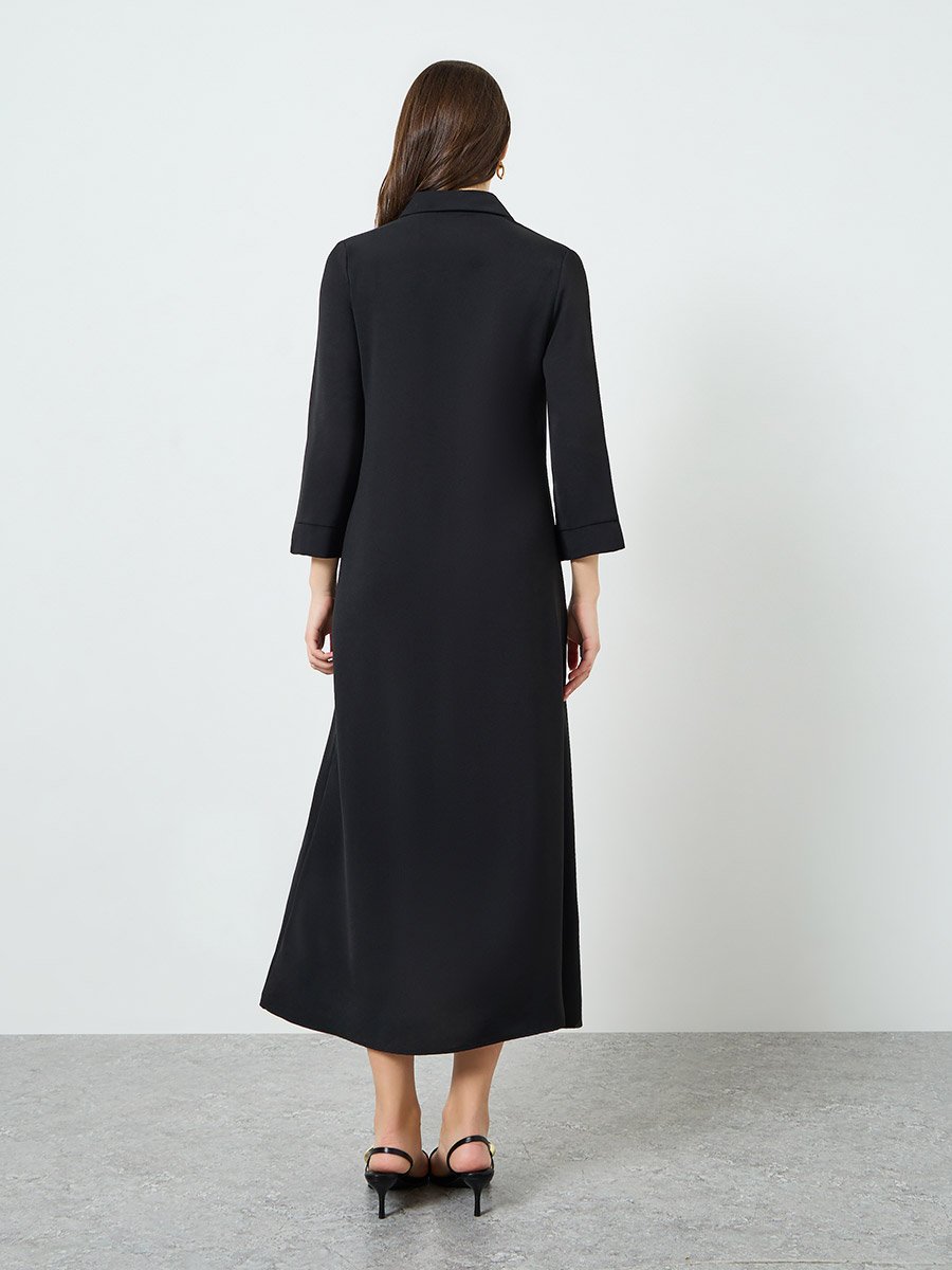 Women Black A-Line Maxi Dress with 3/4 Sleeves