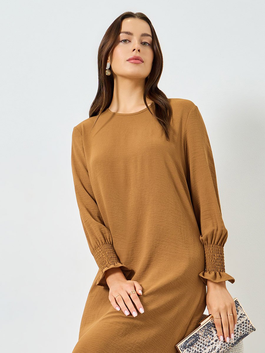 Tan Textured A-Line Maxi Dress For Women at UAE | Styli Tan Textured A-Line Maxi Dress For Women at UAE | Styli