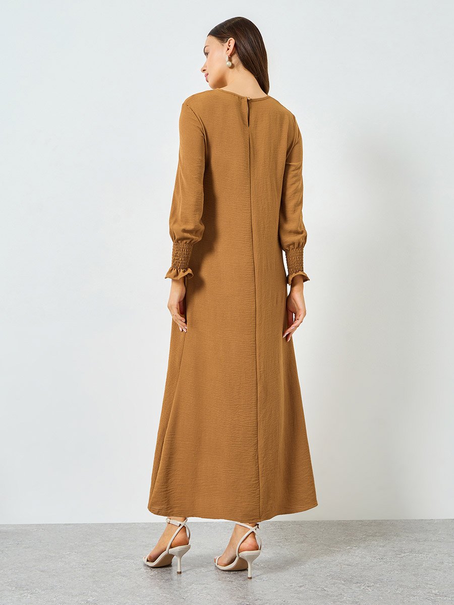 Tan Textured A-Line Maxi Dress For Women at UAE | Styli Tan Textured A-Line Maxi Dress For Women at UAE | Styli