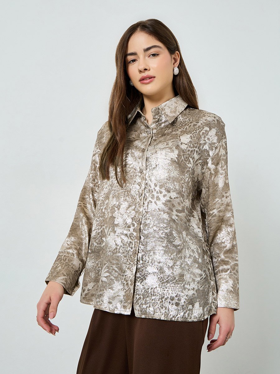 Grey All Over Print Long Sleeve Shirt