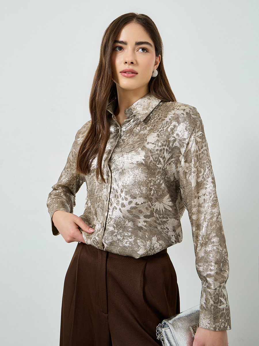 Grey All Over Print Long Sleeve Shirt
