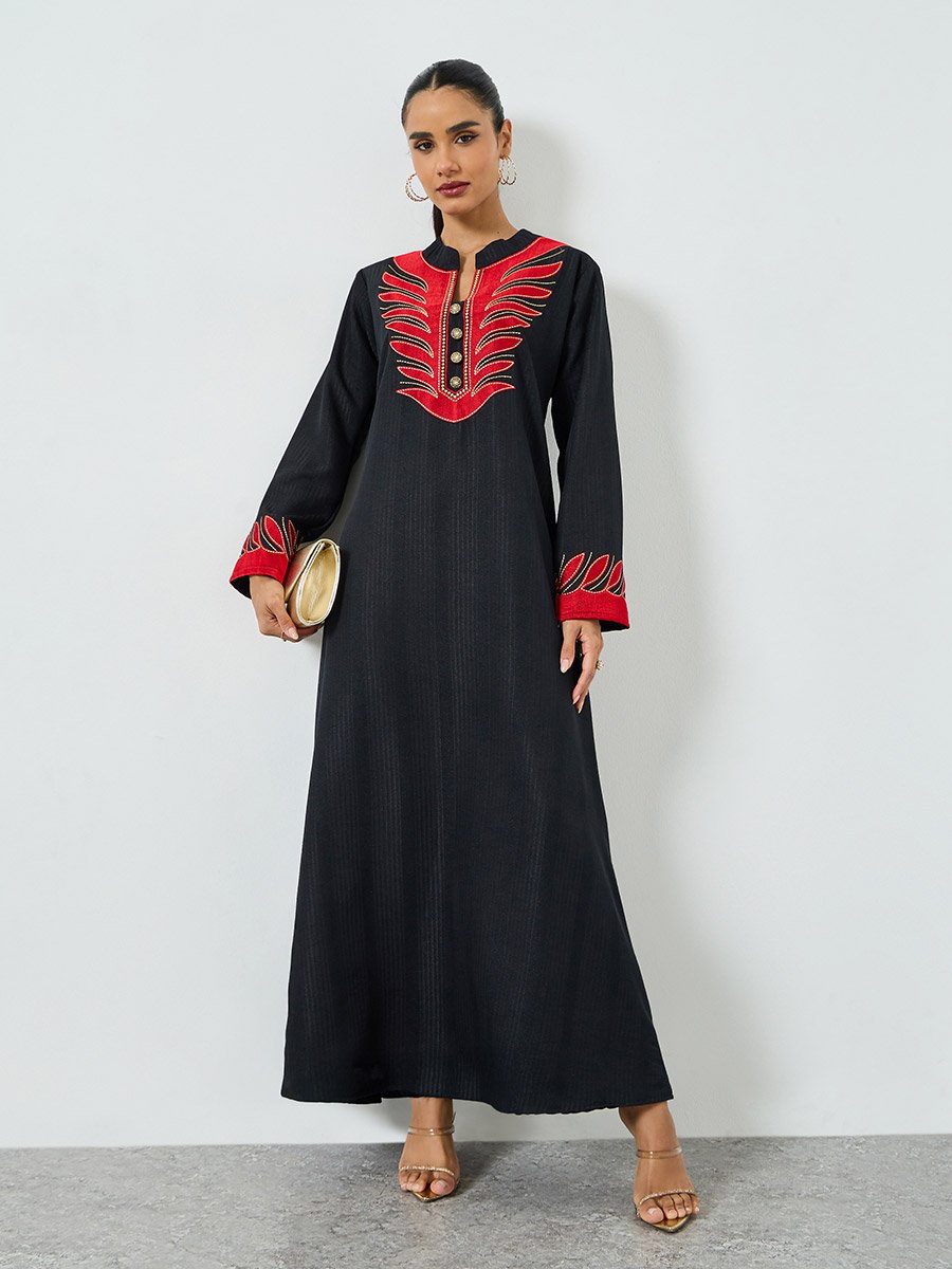 Black Threadwork Embroidery Stand Collar Jalabiya