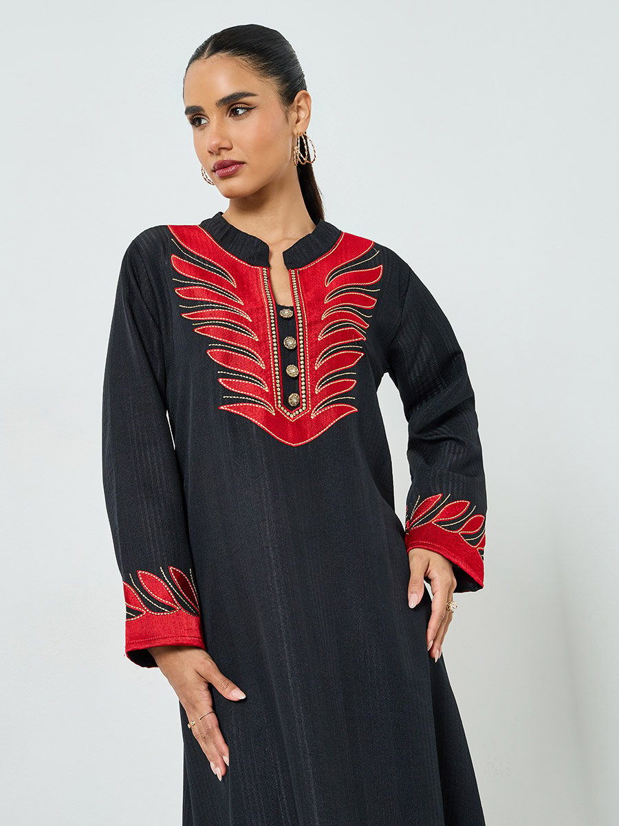 Black Threadwork Embroidery Stand Collar Jalabiya
