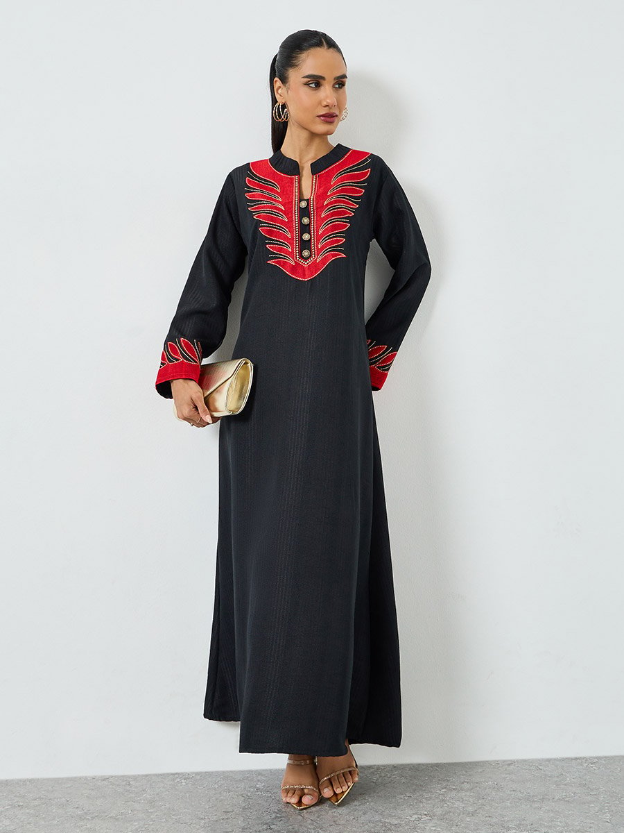 Black Threadwork Embroidery Stand Collar Jalabiya