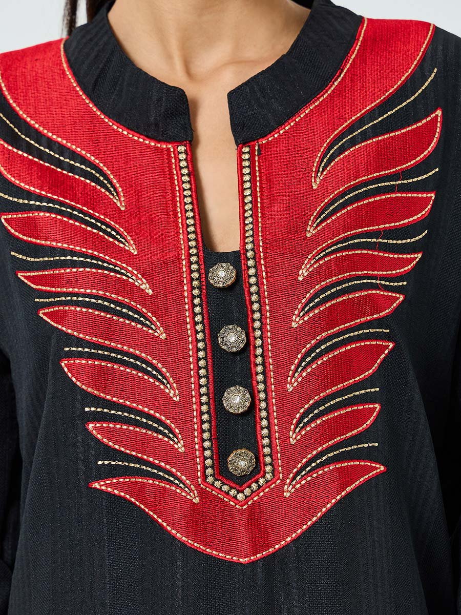 Black Threadwork Embroidery Stand Collar Jalabiya