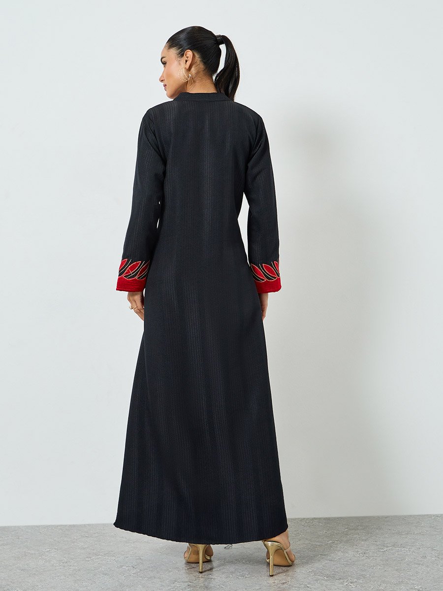 Black Threadwork Embroidery Stand Collar Jalabiya