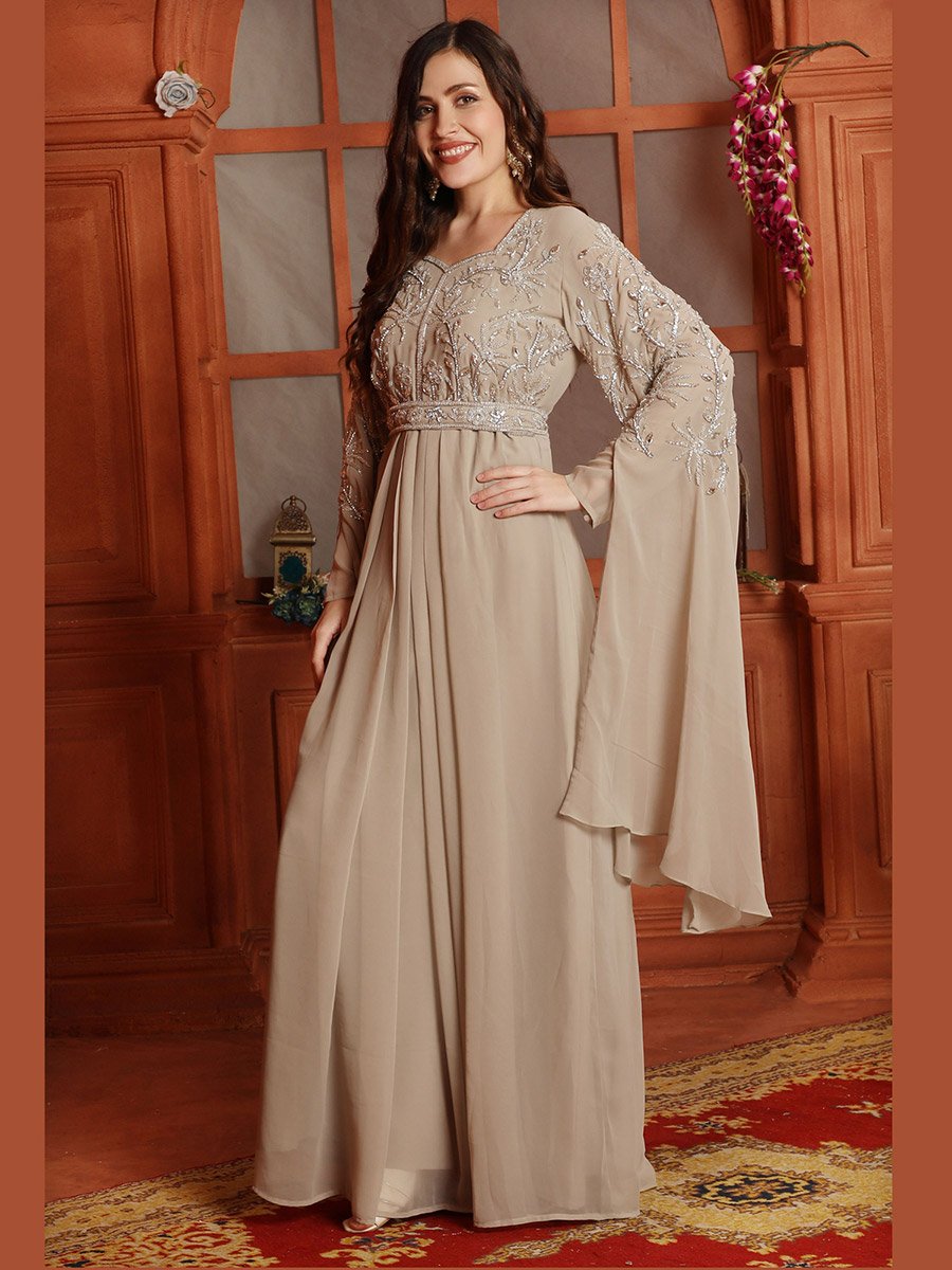 Beige Embroidered Draped Sleeve Jalabiya