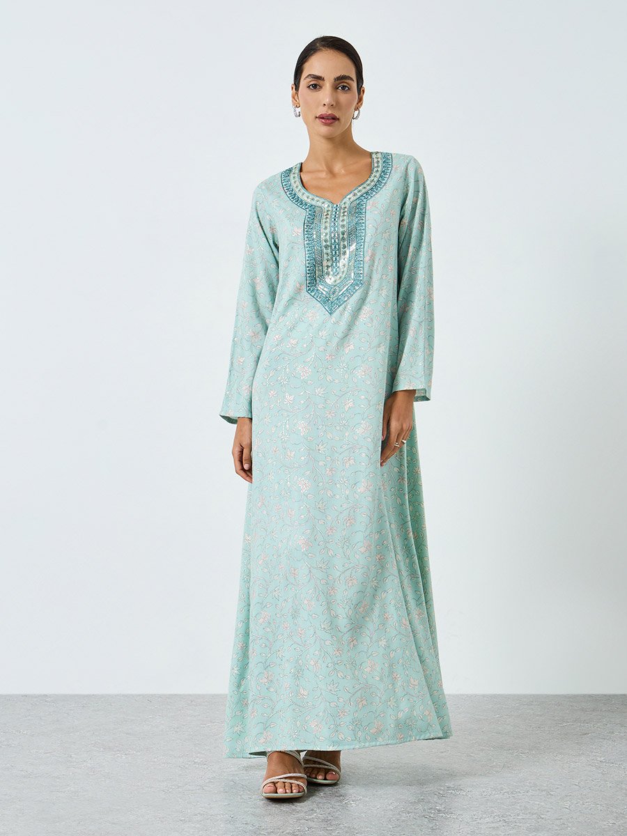 Women Threadwork Embroidery Printed Jalabiya
