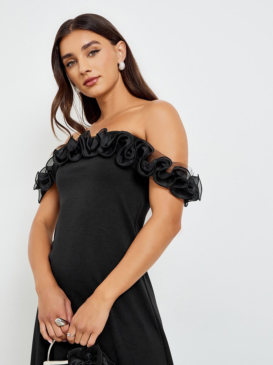 Black Off Shoulder Ruffled Maxi Dress