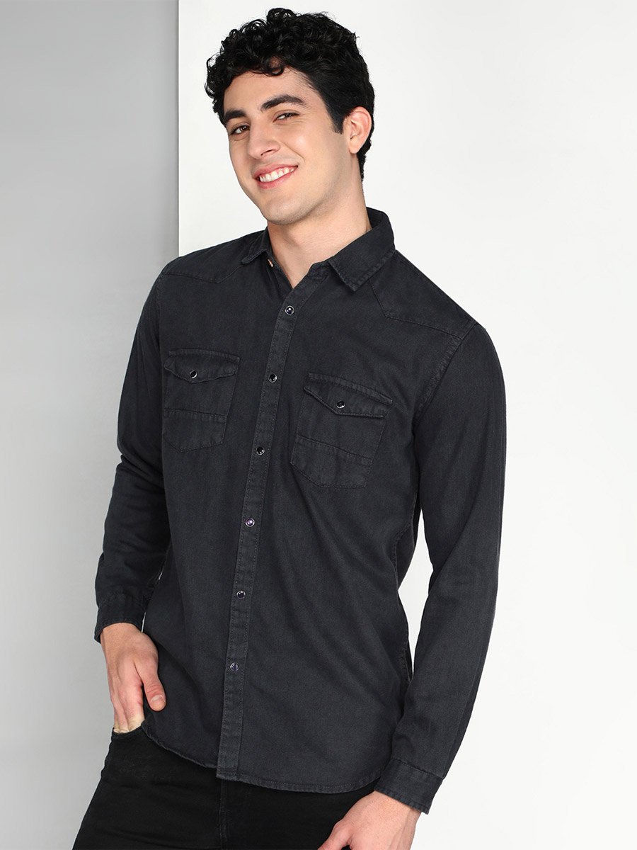 Men Grey Denim Buttoned Shirt