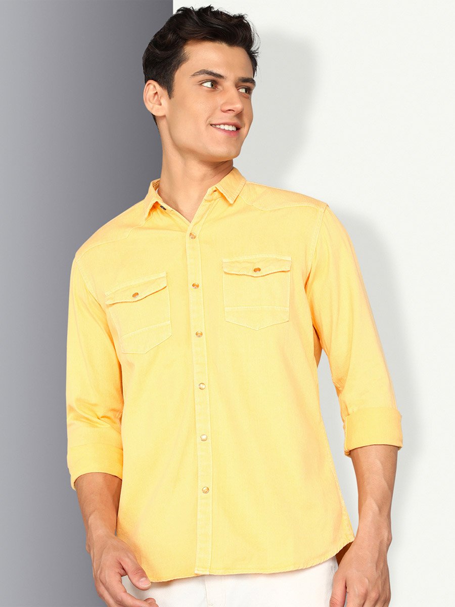 Men Yellow Double Pockets Denim Shirt