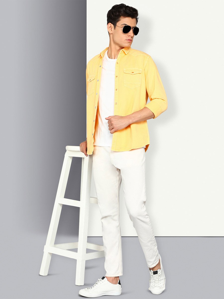 Men Yellow Double Pockets Denim Shirt