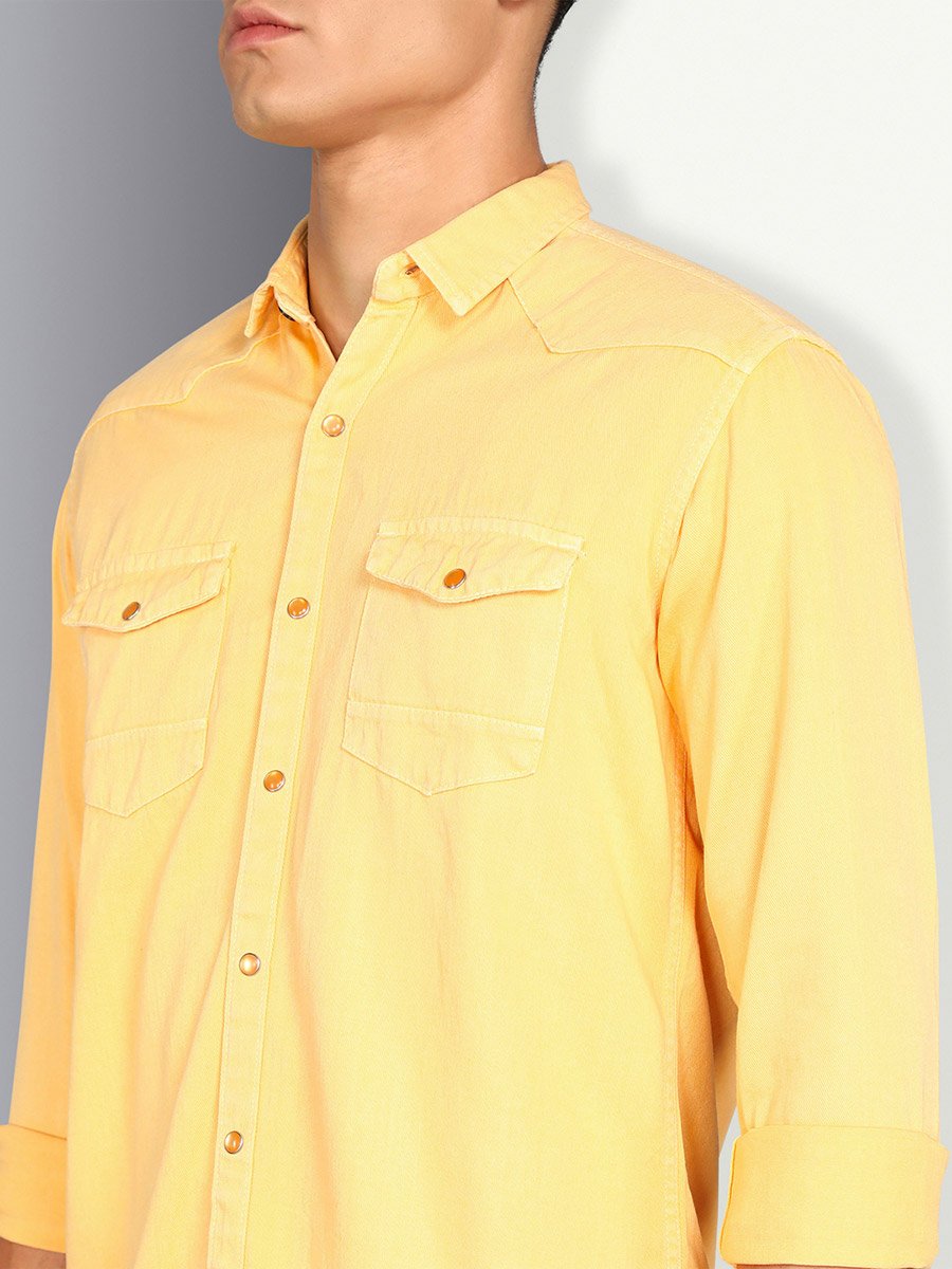 Men Yellow Double Pockets Denim Shirt