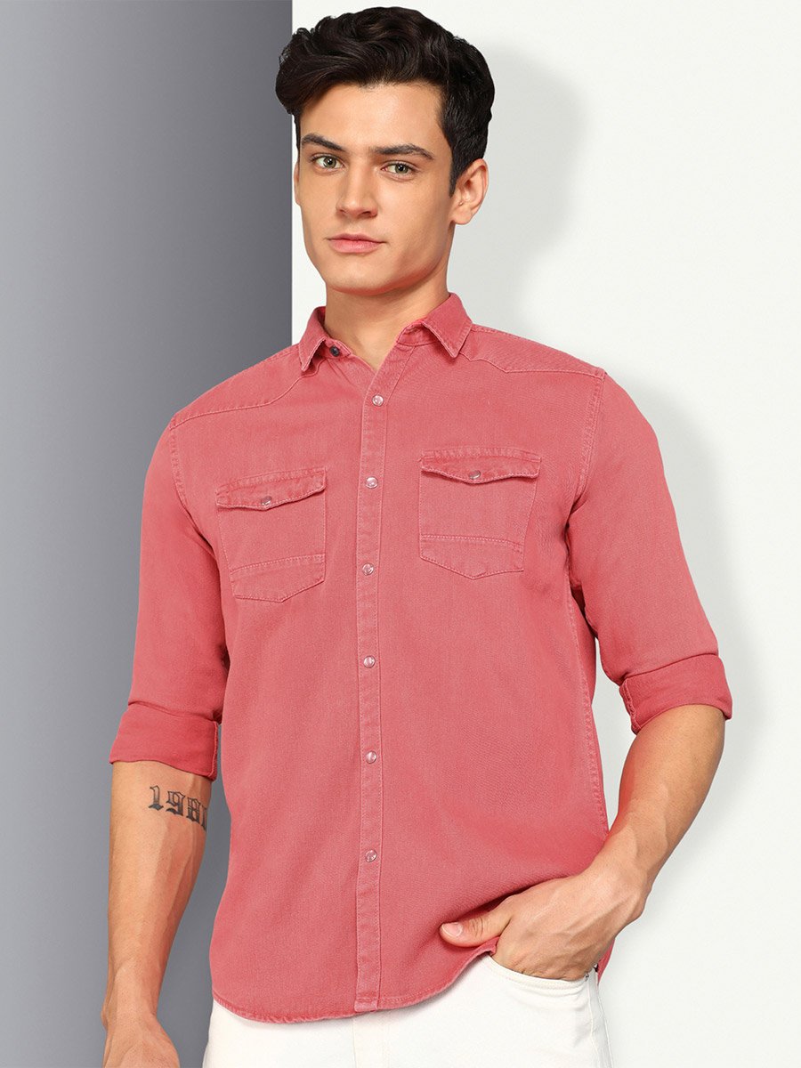 Men Pink Double Pockets Denim Shirt