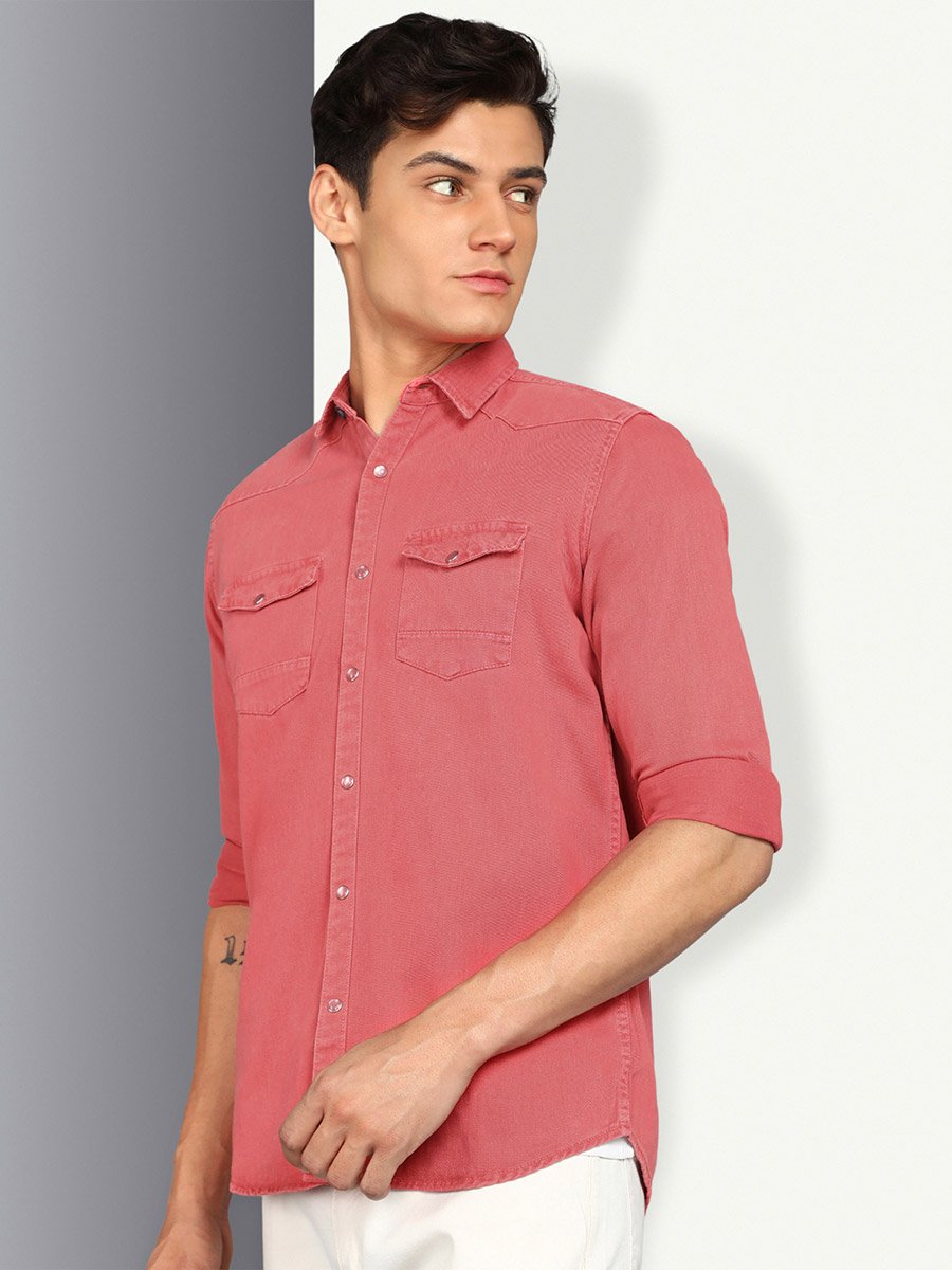 Men Pink Double Pockets Denim Shirt