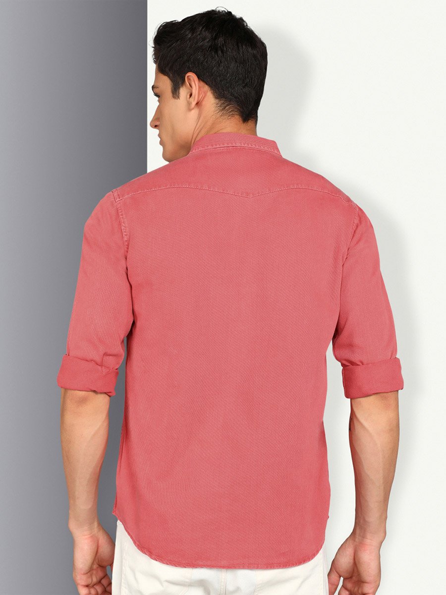 Men Pink Double Pockets Denim Shirt