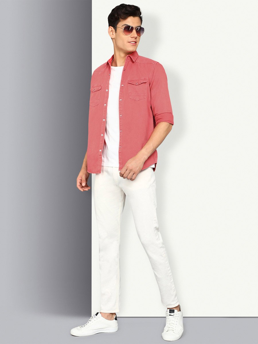 Men Pink Double Pockets Denim Shirt