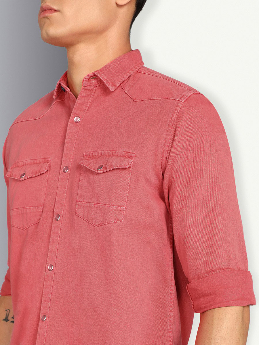 Men Pink Double Pockets Denim Shirt