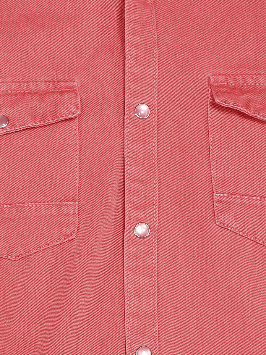 Men Pink Double Pockets Denim Shirt