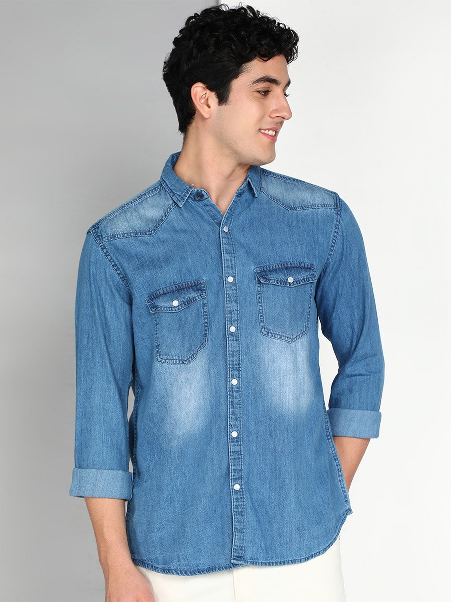 Men Blue Denim Double Pocket Shirt