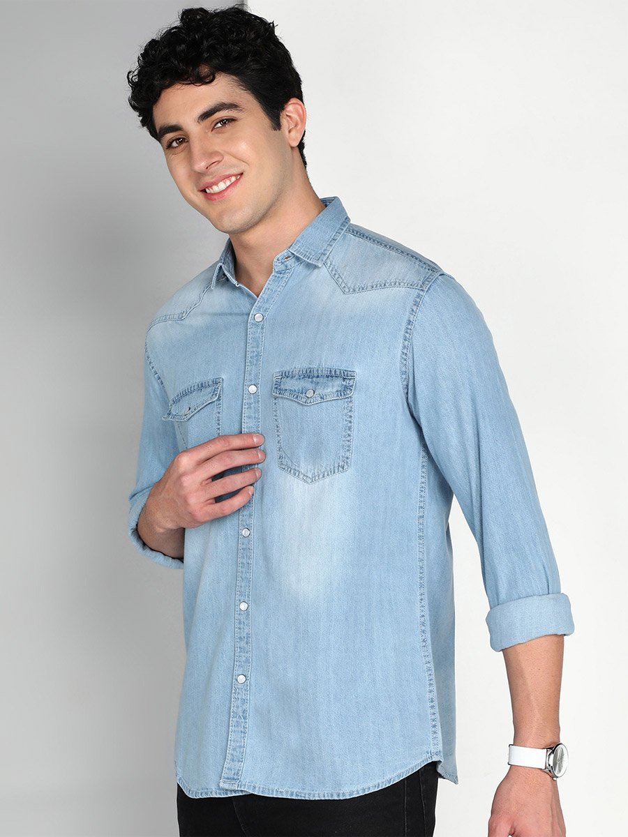 Men Blue Denim Double Pocket Shirt