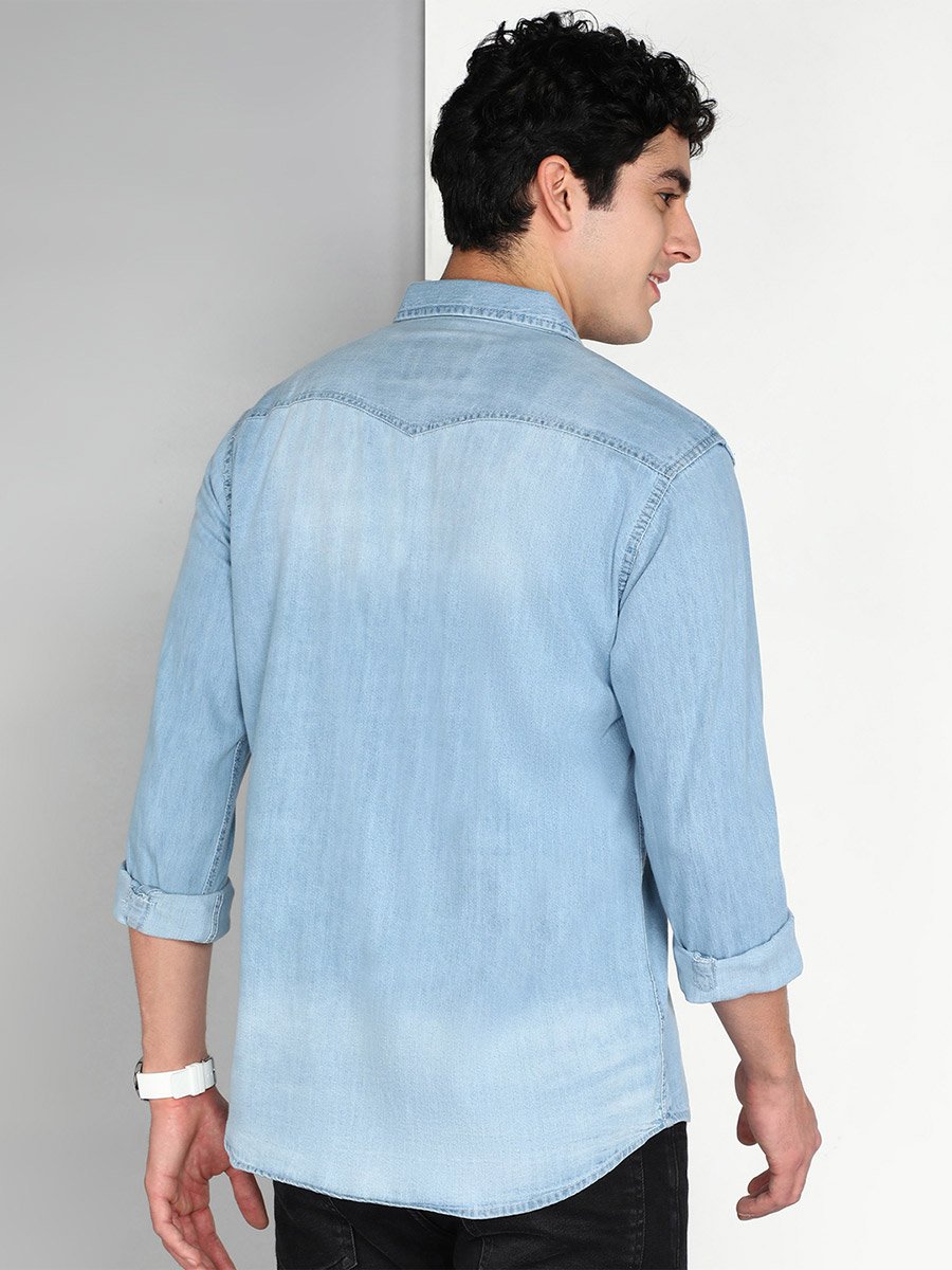 Men Blue Denim Double Pocket Shirt