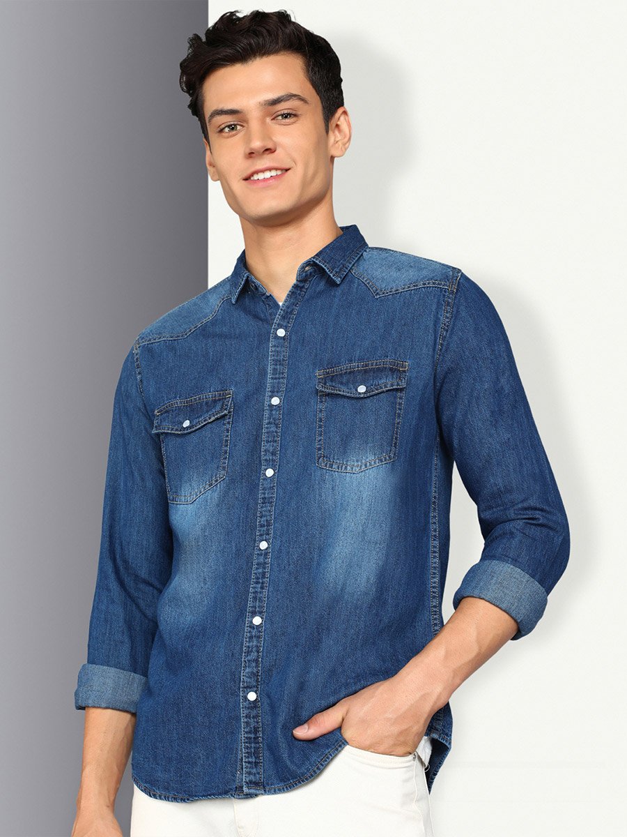 Men Faded Denim Shirt with Flap Pocket