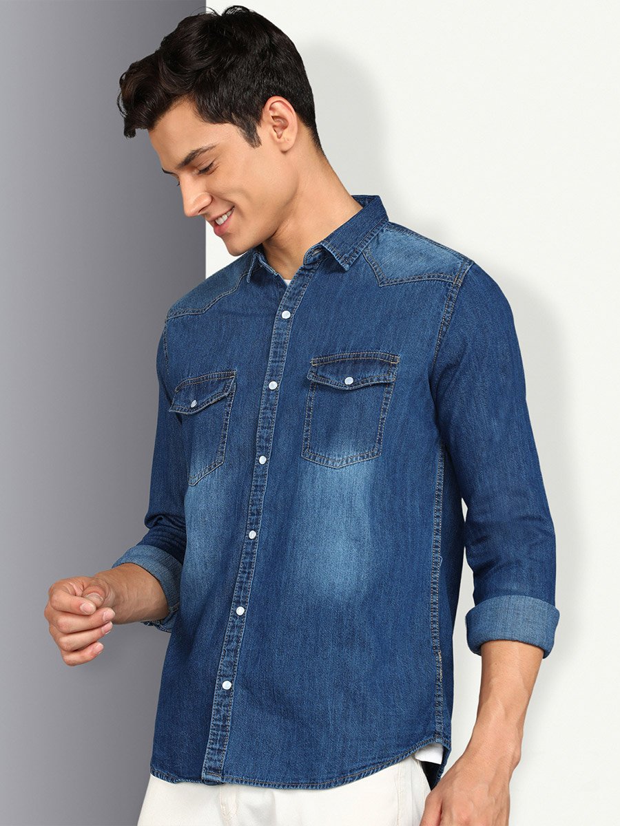 Men Faded Denim Shirt with Flap Pocket