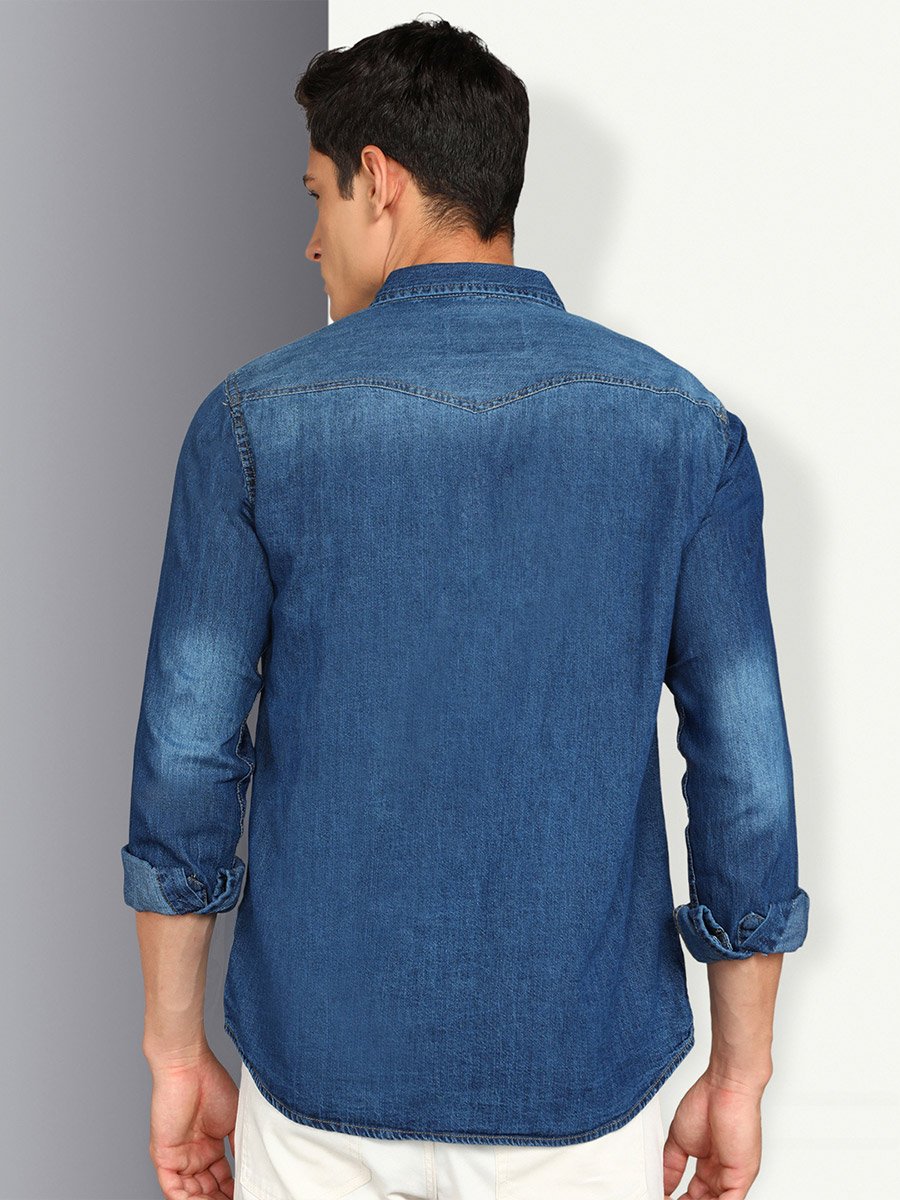 Men Faded Denim Shirt with Flap Pocket