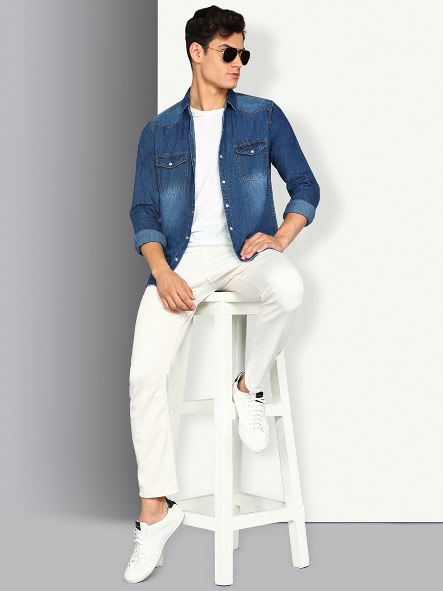 Men Faded Denim Shirt with Flap Pocket