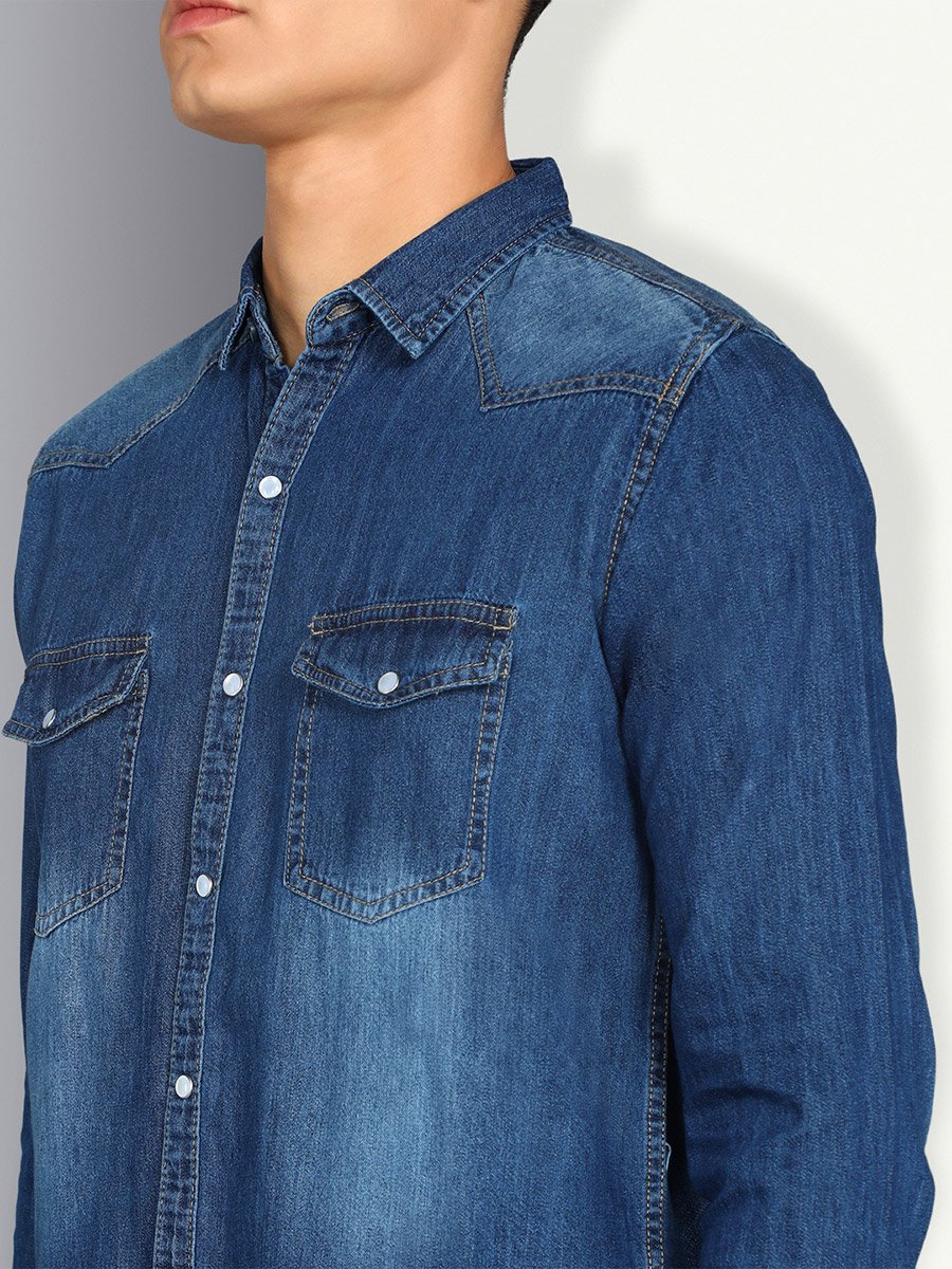 Men Faded Denim Shirt with Flap Pocket