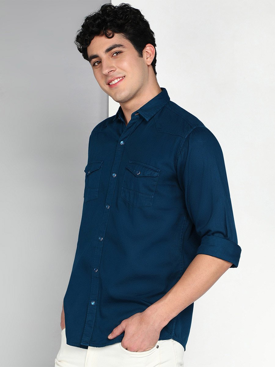 Men Blue Cotton Twill Shirt