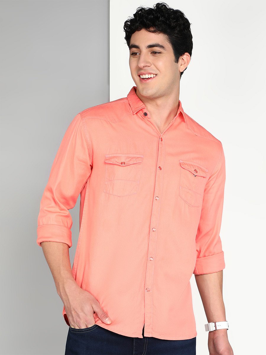 Men Peach Cotton Twill Shirt