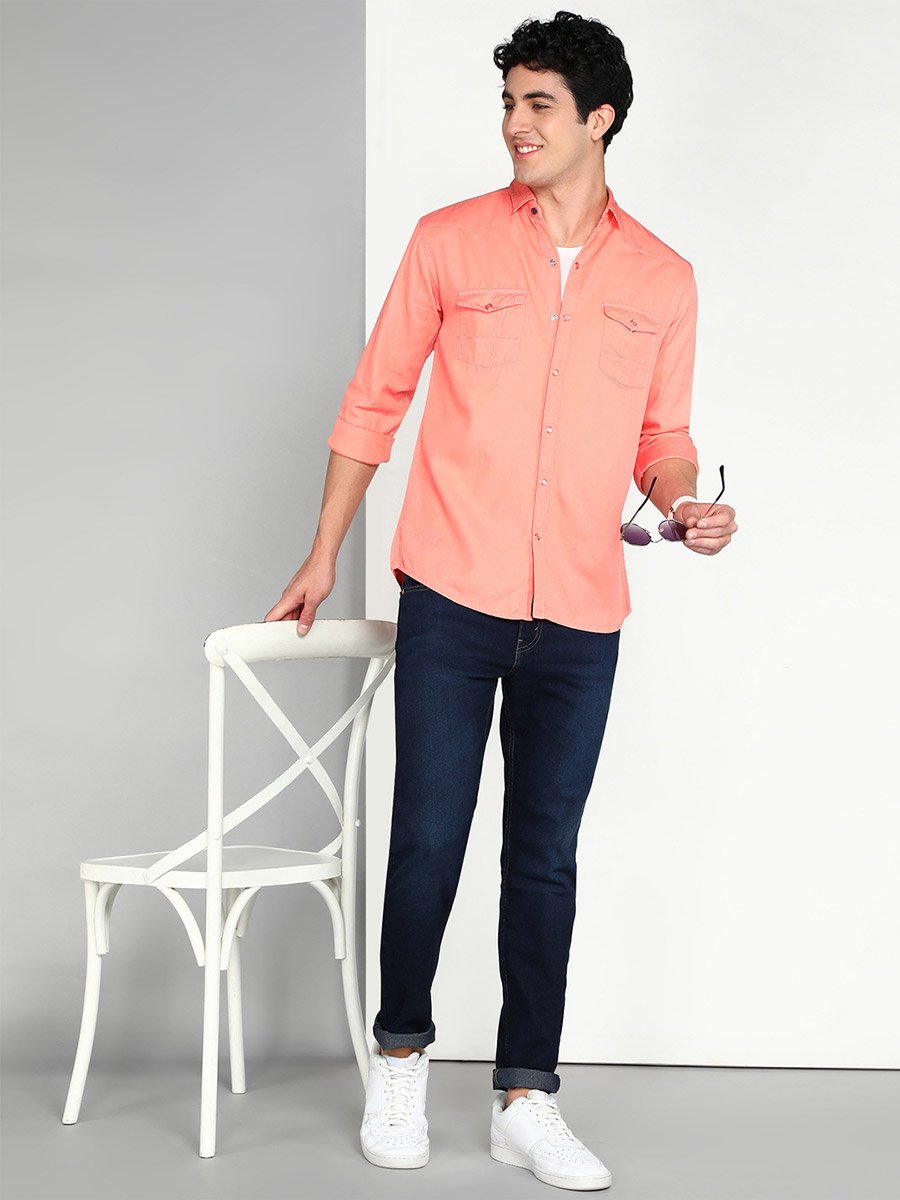 Men Peach Cotton Twill Shirt