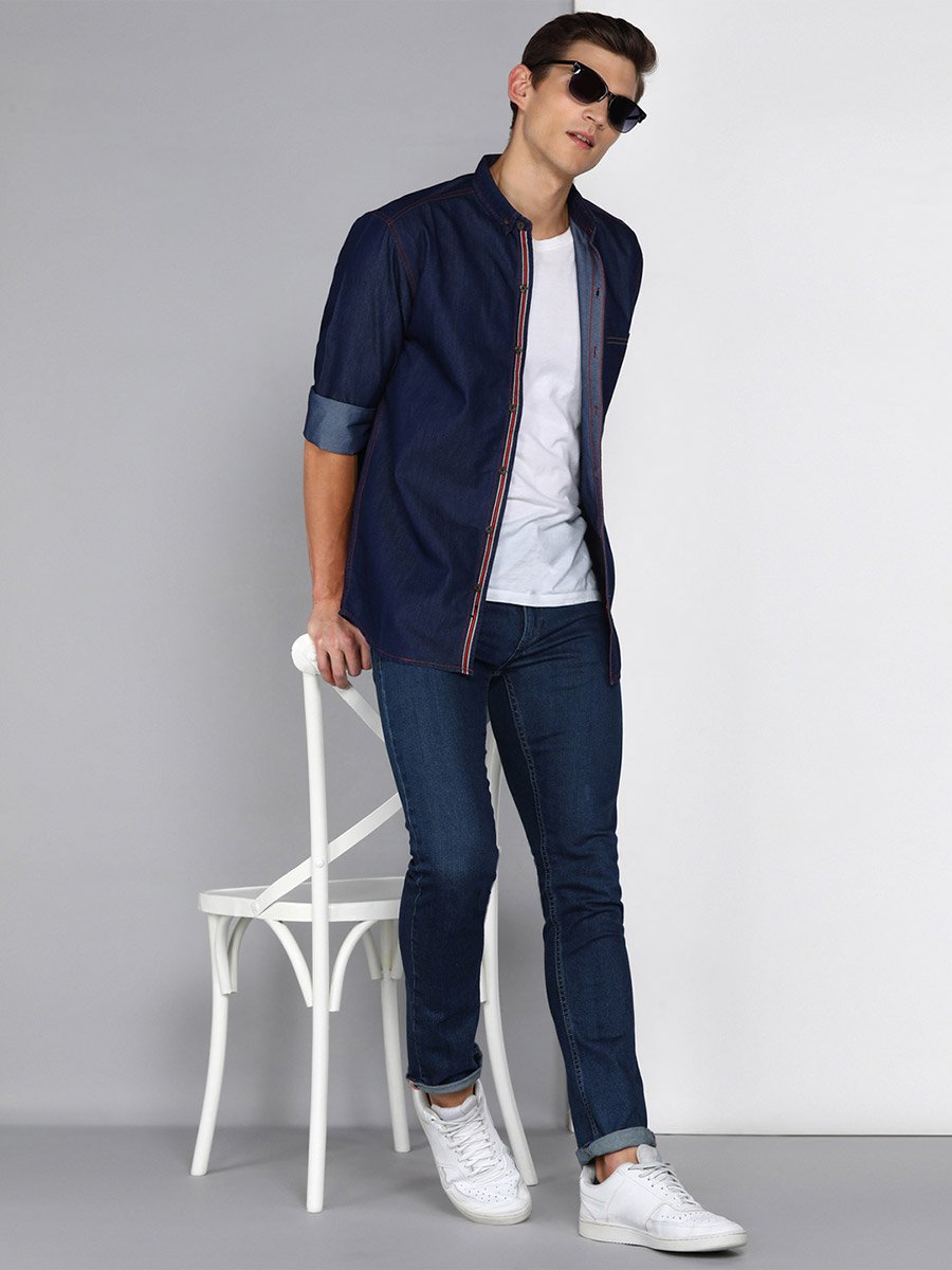 Men Slim Fit Taping Denim Shirt