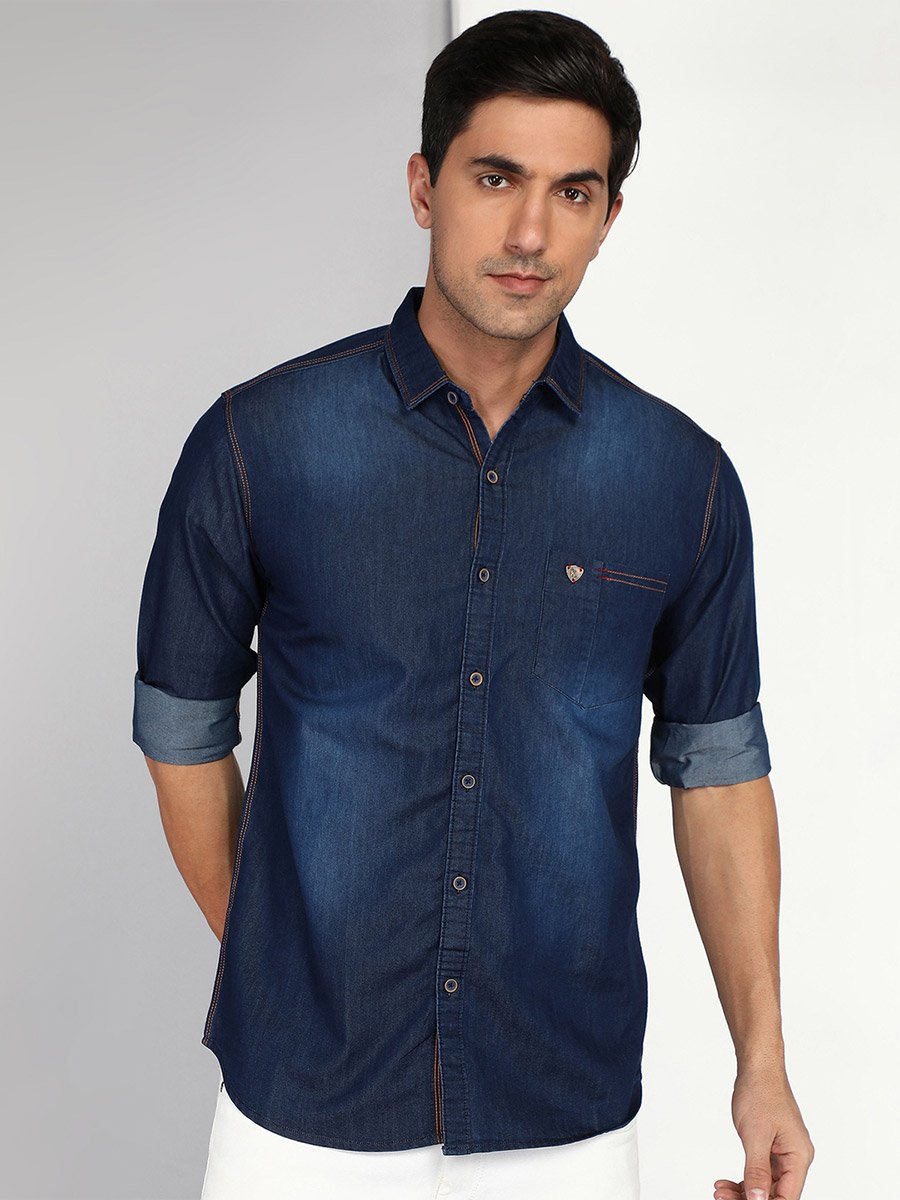 Men Slim Fit Blue Denim Shirt