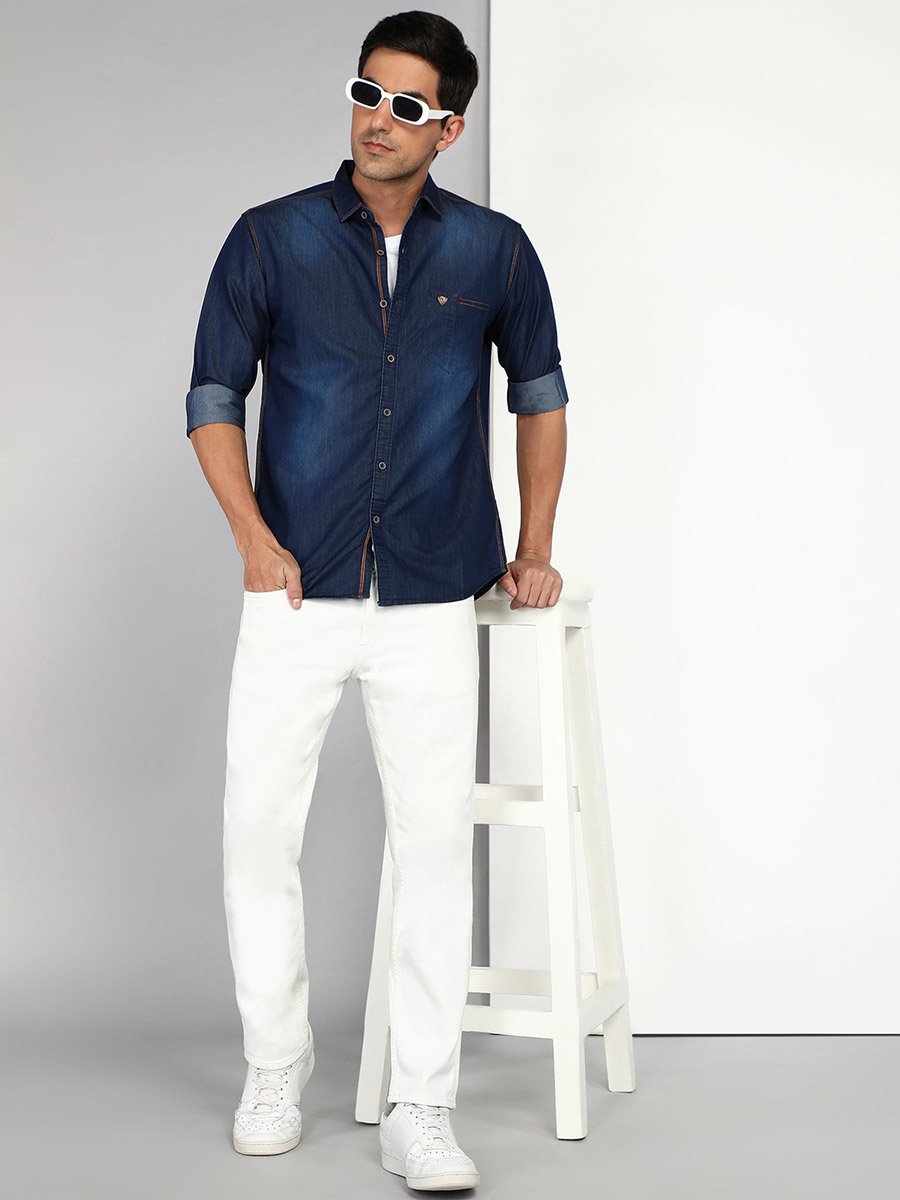 Men Slim Fit Blue Denim Shirt