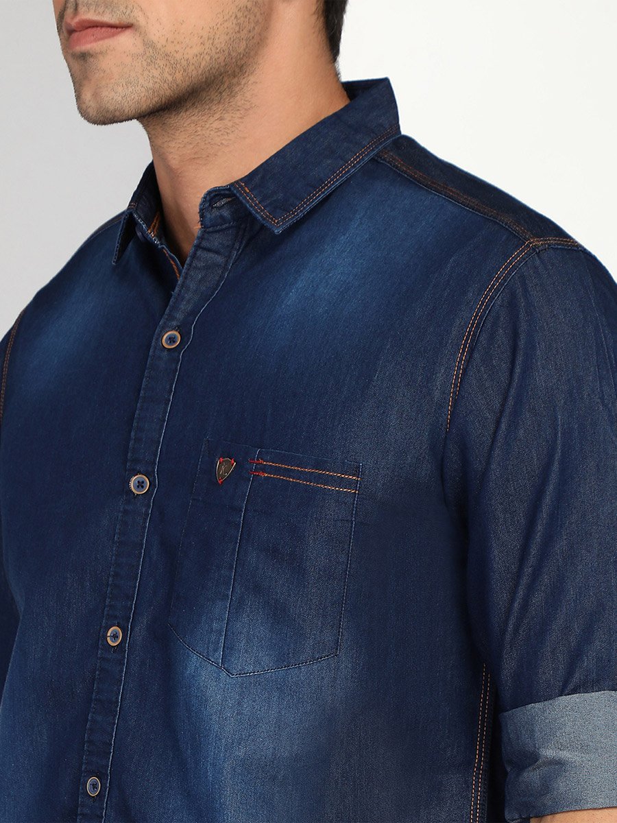 Men Slim Fit Blue Denim Shirt