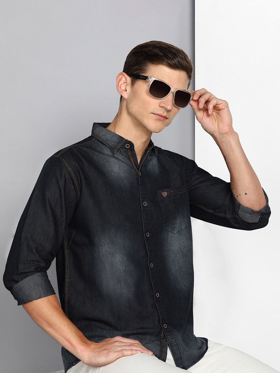 Men Black Faded Denim Shirt