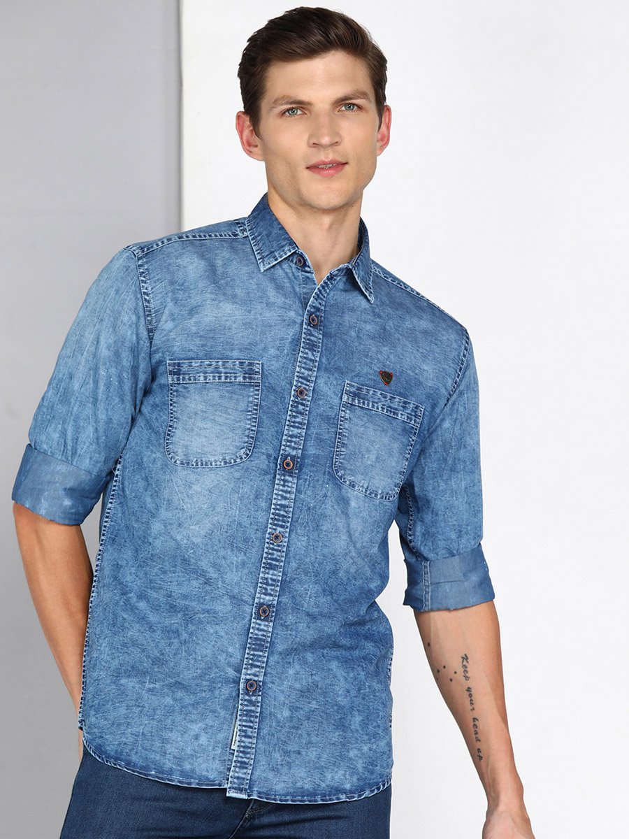 Men Blue Washed Denim Shirt