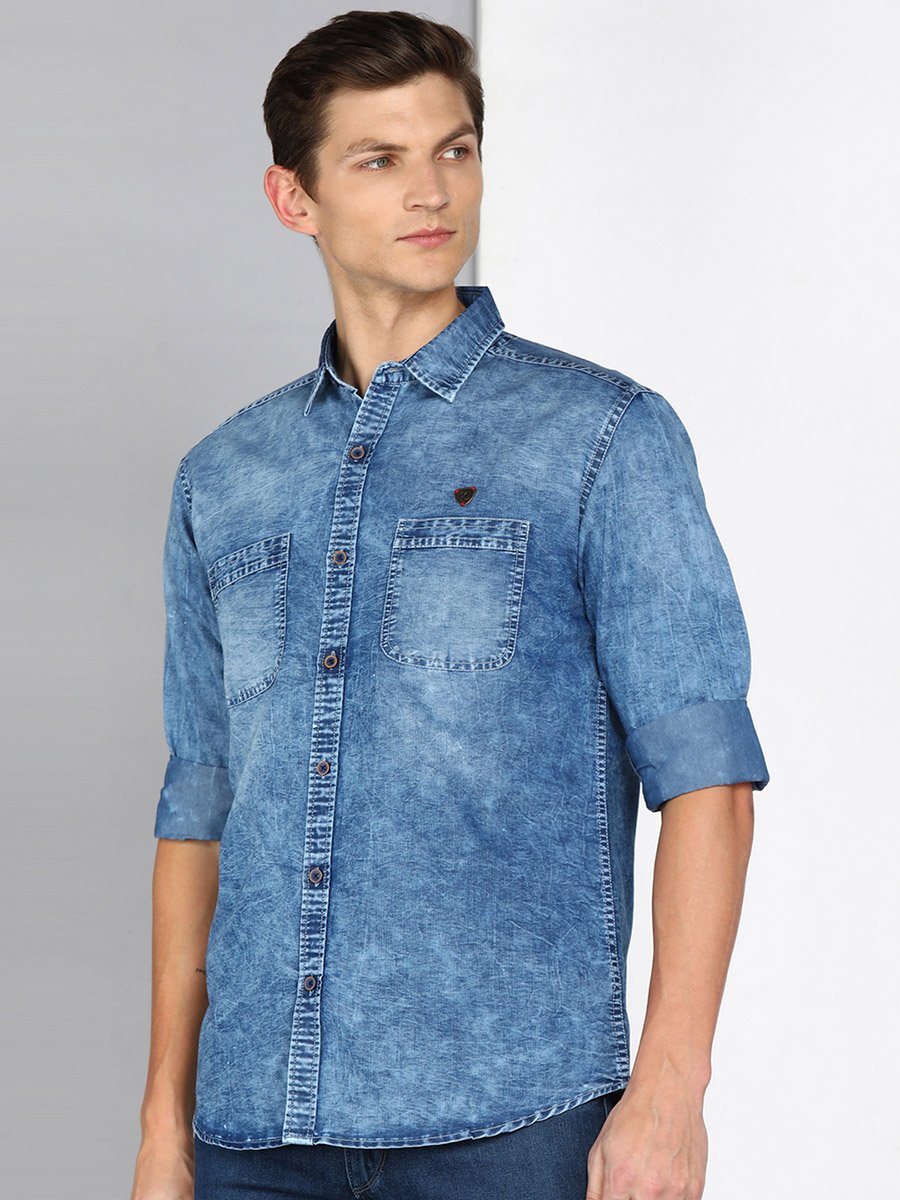 Men Blue Washed Denim Shirt