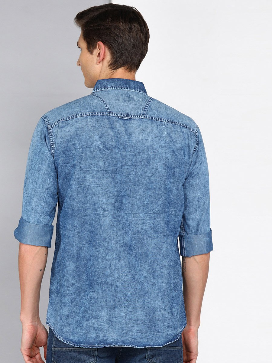 Men Blue Washed Denim Shirt