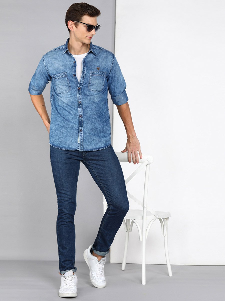 Men Blue Washed Denim Shirt