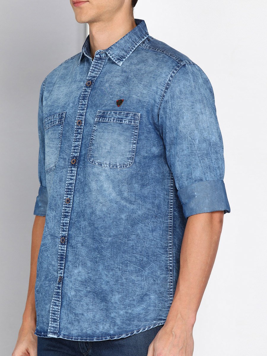 Men Blue Washed Denim Shirt