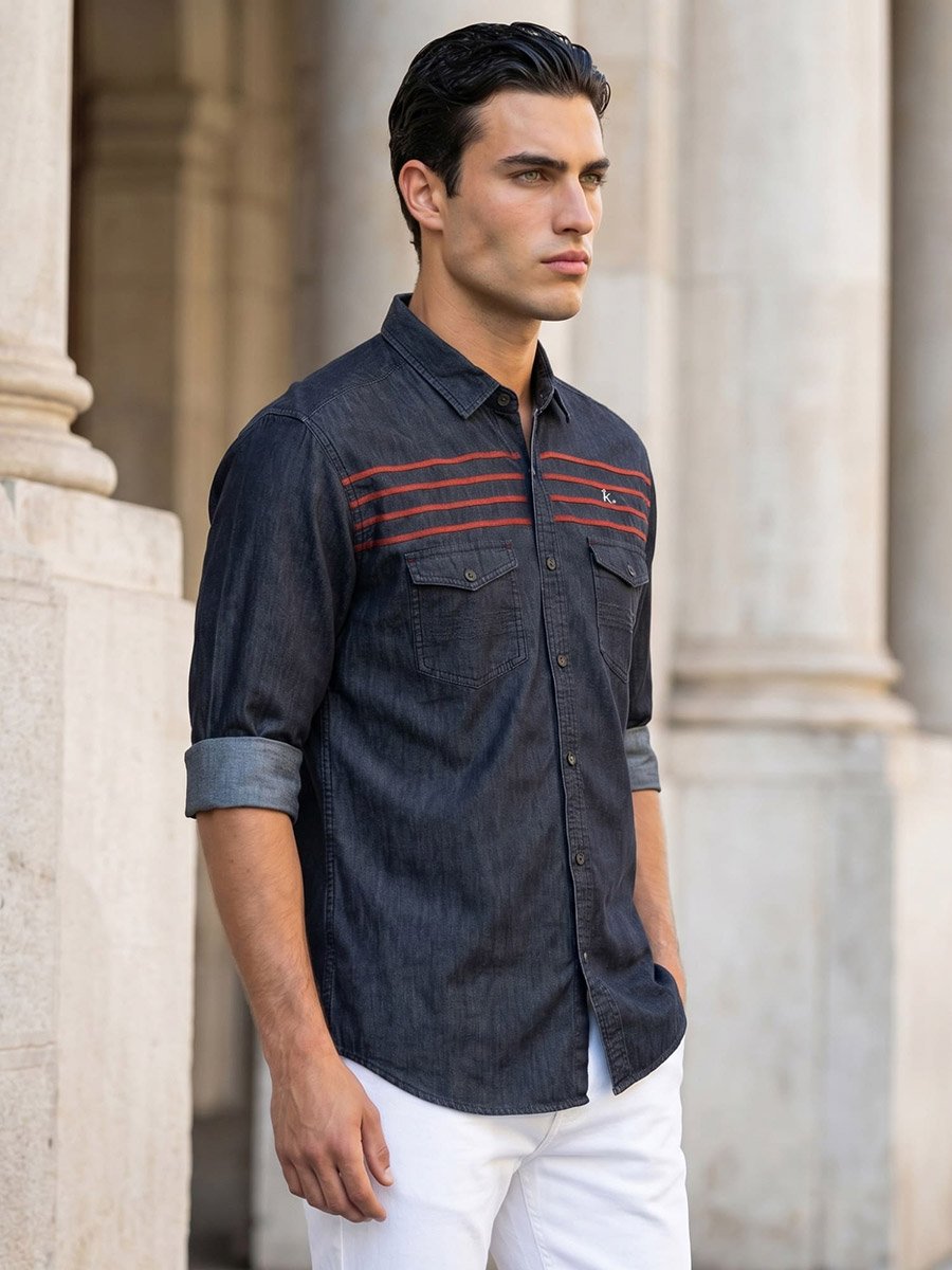 Men Black Denim Shirt with Stripe Detail