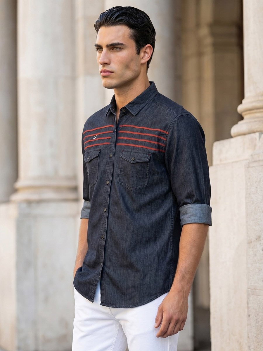 Men Black Denim Shirt with Stripe Detail