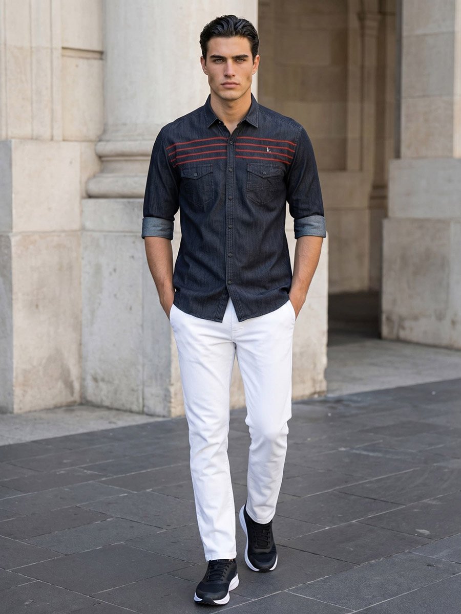 Men Black Denim Shirt with Stripe Detail